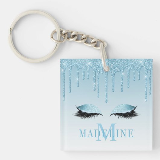 Moderne, fashionable Blue Glitter Lashes Monogram Sleutelhanger (Voorkant)