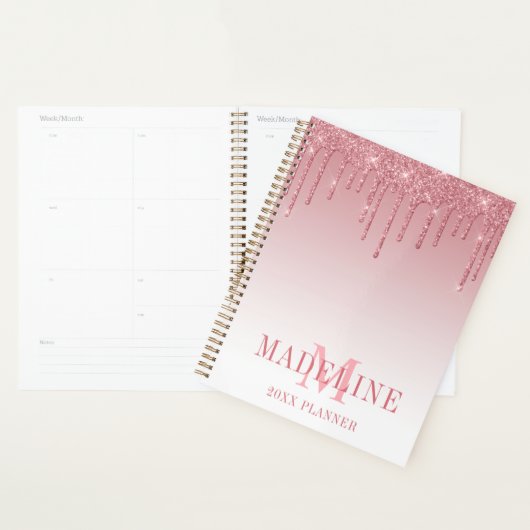 Moderne, fashionable Dusty Pink Glitter Monogram Planner (Display)
