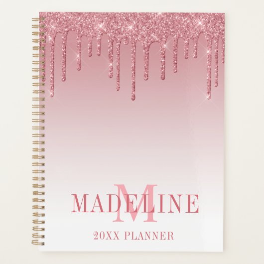 Moderne, fashionable Dusty Pink Glitter Monogram Planner (Voorkant)