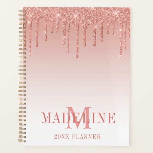 Moderne, fashionable Glitter Roos Gold Monogram Planner (Voorkant)