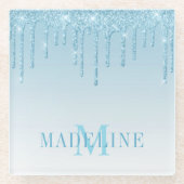 Moderne, fashionable Light Blue Glitter Monogram Glazen Onderzetter (Voorkant)