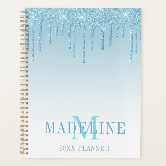 Moderne, fashionable Light Blue Glitter Monogram Planner (Voorkant)