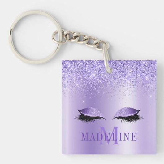 Moderne fashionable Monogram Paarse Glitter Lashes Sleutelhanger (Voorkant)