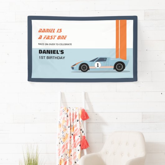 Moderne Fast One Race Car Boy 1e Verjaardag Banner (Insitu)