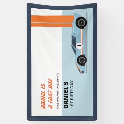 Moderne Fast One Race Car Boy 1e Verjaardag Banner (Verticaal)