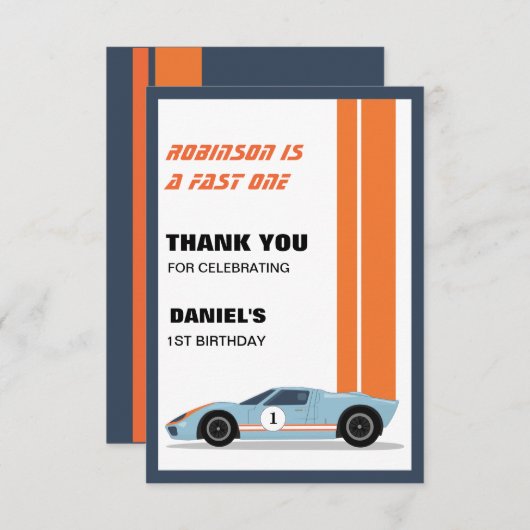 Moderne Fast One Race Car Boy 1e Verjaardag Bedankkaart (Voorkant / Achterkant)