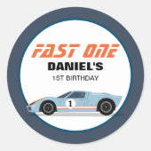 Moderne Fast One Race Car Boy 1e Verjaardag Ronde Sticker (Voorkant)
