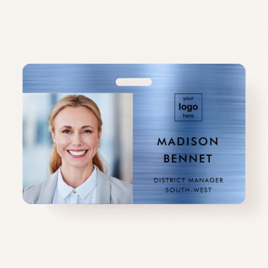 Moderne Faux Blue Metallic Corporate Foto ID Badge (Voorkant)