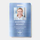 Moderne Faux Blue Metallic Corporate Foto ID Badge (Voorzijde)