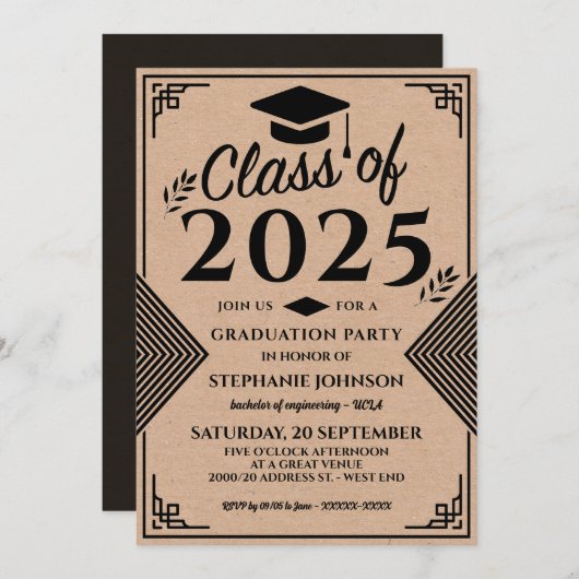 Moderne Faux Craft Art Deco Style Graduation Party Kaart (Voorkant / Achterkant)