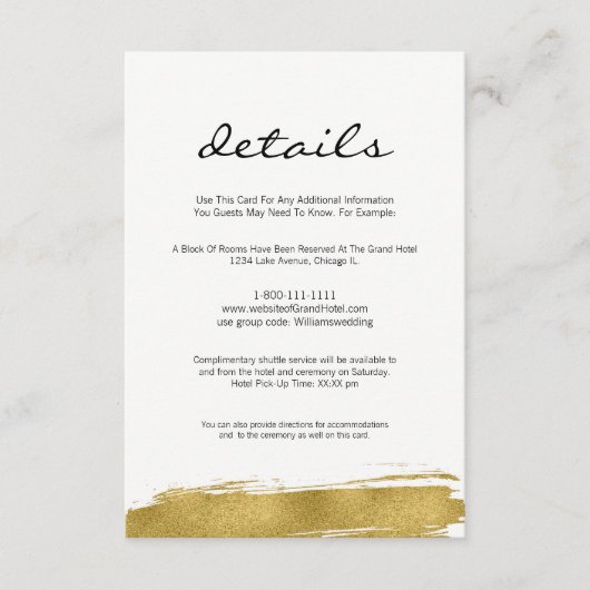 Moderne Faux Gold Brushstroke Wedding Details Kaar Informatiekaartje (Voorkant)