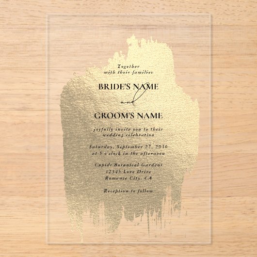 Moderne Faux Gold Folie Clear Wedding Acryl Uitnodigingen (Voorkant)