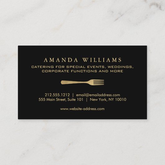Moderne Faux Gold Fork Catering Logo op Zwart II Visitekaartje (Achterkant)