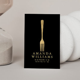 Moderne Faux Gold Fork Catering Logo op Zwart II Visitekaartje