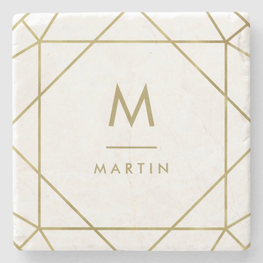 Moderne Faux Gold Geometric Lines met monogram Stenen Onderzetter (Voorkant)