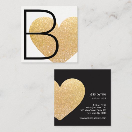 Moderne Faux Gold Glitter Hart Zwart Wit Vierkant Vierkante Visitekaartje (Voorkant / Achterkant)
