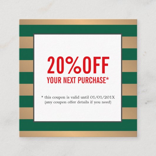 Moderne Faux Gold Green Stripes Schoonheidssalon c Kortingskaartje (Voorkant)