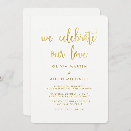 Moderne Faux Gold op Witte Huwelijksuitnodiging Kaart (Voorkant / Achterkant)