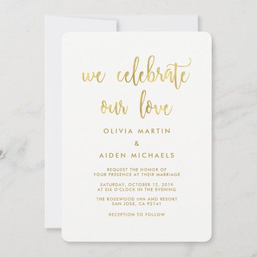 Moderne Faux Gold op Witte Huwelijksuitnodiging Kaart (Voorkant)