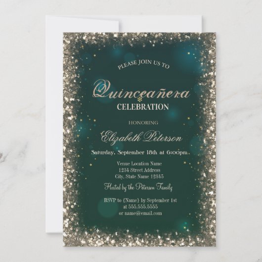 Moderne Faux Gold Sequins Lijst Groene Quinceañera Kaart (Voorkant)