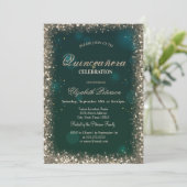Moderne Faux Gold Sequins Lijst Groene Quinceañera Kaart (Staand voorkant)