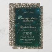 Moderne Faux Gold Sequins Lijst Groene Quinceañera Kaart (Voorkant / Achterkant)