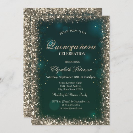 Moderne Faux Gold Sequins Lijst Groene Quinceañera Kaart (Voorkant / Achterkant)
