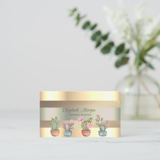 Moderne Faux Gold Stripes Succulenten Visitekaartje (Staand voorkant)