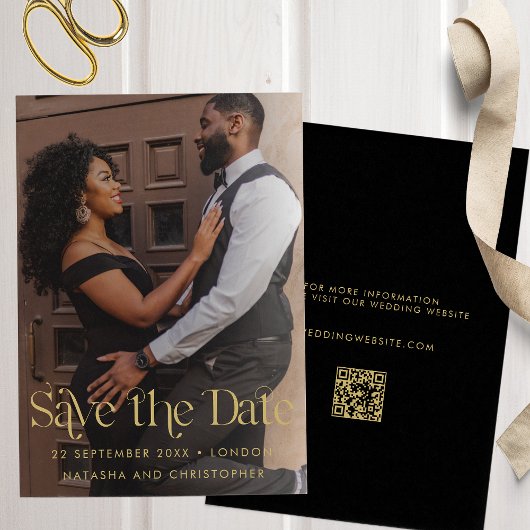 Moderne Faux Gold Typografie QR Code Foto Save The Date