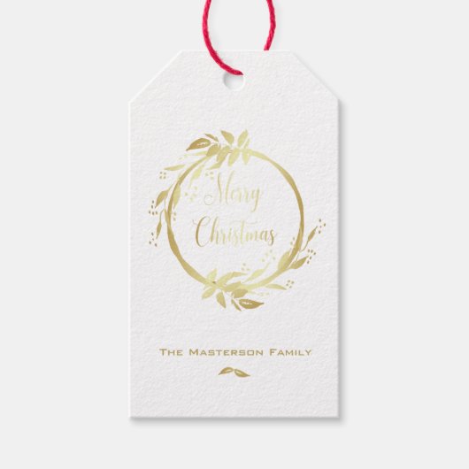 Moderne Faux Goud Wit Vrolijk Kerstkrans Cadeaulabel (Voorkant)