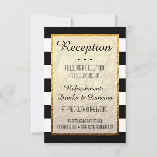 Moderne Faux Goud Zwart Wit Streep Receptie Note Kaart (Voorkant)