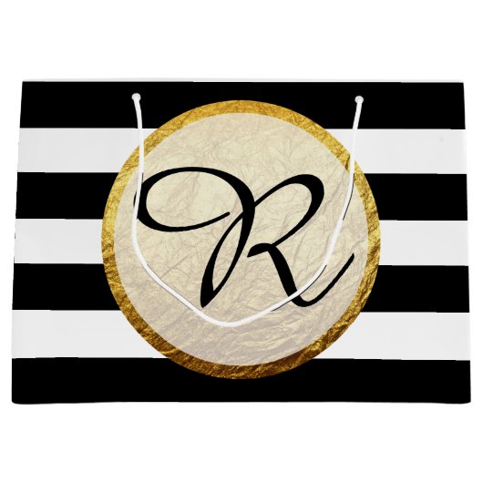 Moderne Faux Gouden Folie Zwart Wit Streep Monogra Groot Cadeauzakje (Voorkant)