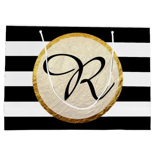Moderne Faux Gouden Folie Zwart Wit Streep Monogra Groot Cadeauzakje (Achterkant)