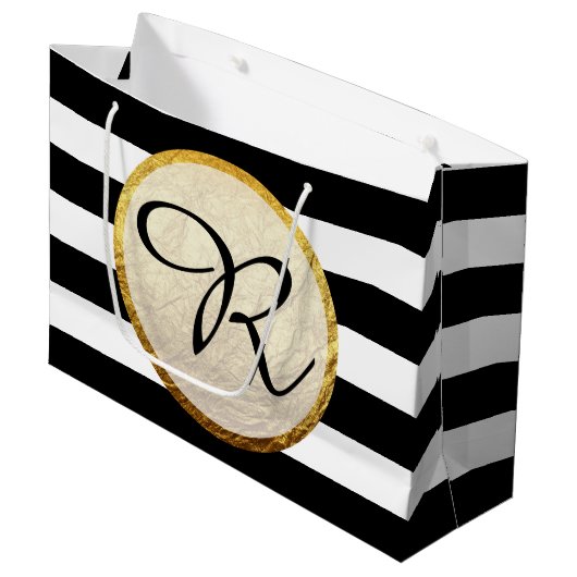 Moderne Faux Gouden Folie Zwart Wit Streep Monogra Groot Cadeauzakje (Voorkant Gekanteld)