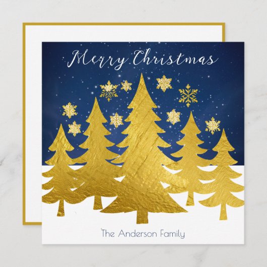 Moderne Faux Gouden Kerstbomen in Wintersneeuw Feestdagenkaart (Voorkant / Achterkant)