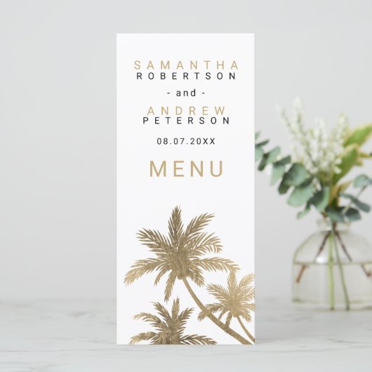 Moderne faux gouden palmbomen elegante bruiloft me menu (Staand voorkant)