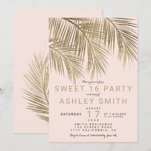 Moderne faux gouden palmboom elegant roze Sweet 16 Kaart (Voorkant / Achterkant)
