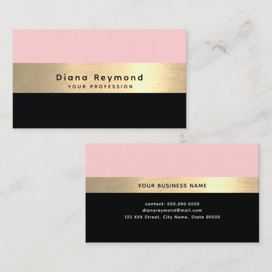 Moderne faux gouden streep zwart blush roze visitekaartje (Voorkant / Achterkant)