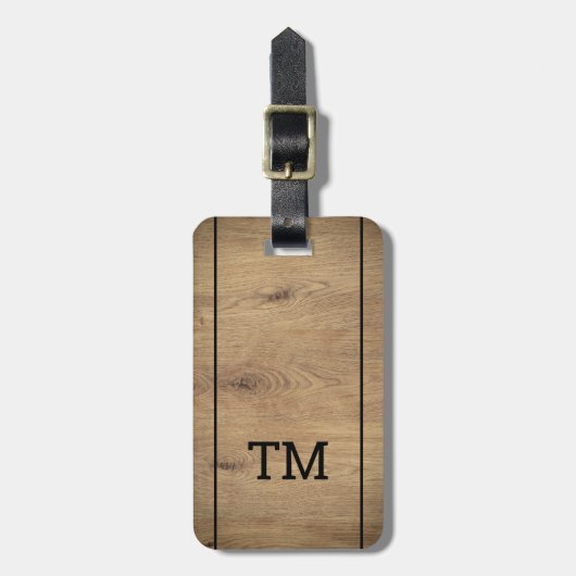Moderne Faux houten zwarte lijnen vet monogram Bagagelabel (Voorkant verticaal)