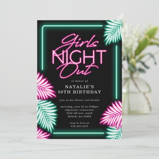 Moderne Faux Neon Girls Night Out Verjaardag Kaart (Staand voorkant)