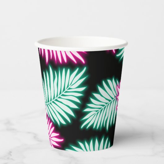 Moderne Faux Neon Roze Groene Tropische Bladeren Papieren Bekers (Voorkant)