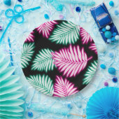Moderne Faux Neon Roze Groene Tropische Bladeren Papieren Bordje (Feest)