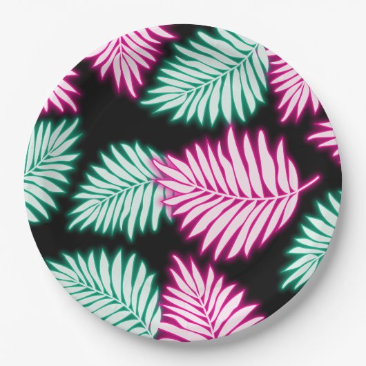 Moderne Faux Neon Roze Groene Tropische Bladeren Papieren Bordje (Voorkant)