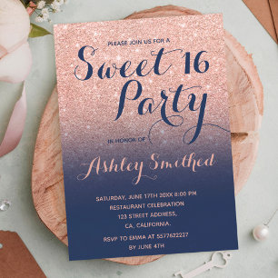 Moderne faux roos gold glitter ombre navy Sweet 16 Kaart