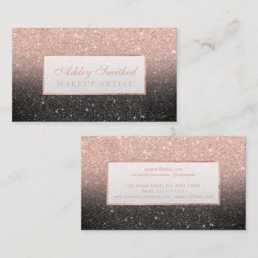 Moderne faux roos goud glitter zwarte chic make-up visitekaartje (Voorkant / Achterkant)