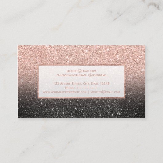 Moderne faux roos goud glitter zwarte chic make-up visitekaartje (Achterkant)