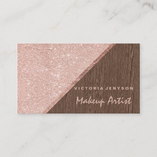 Moderne faux roze glitter brown wood block Makeup Visitekaartje (Voorkant)