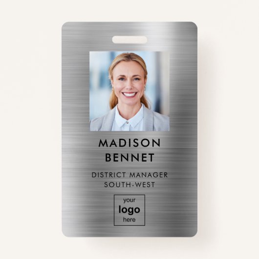 Moderne Faux Silver Metallic Corporate Photo ID Badge (Voorkant)
