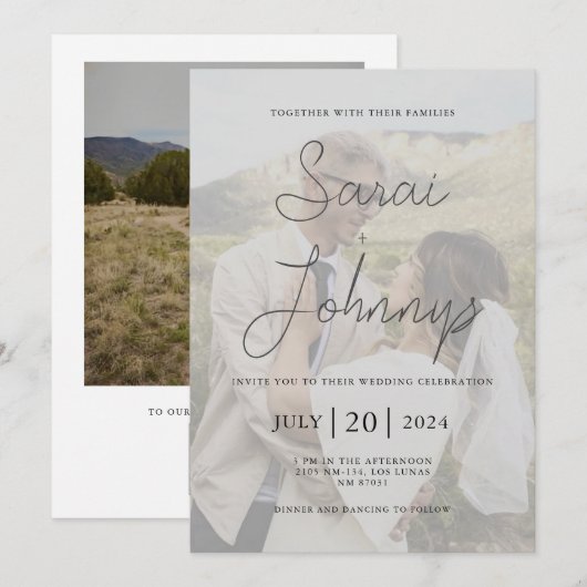 Moderne Faux Vellum foto bruiloft uitnodiging (Voorkant / Achterkant)