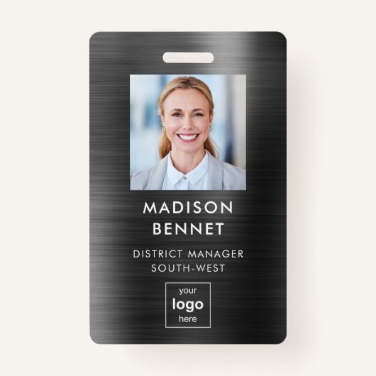 Moderne Faux Zwart Metallic Corporate Photo ID Badge (Voorkant)